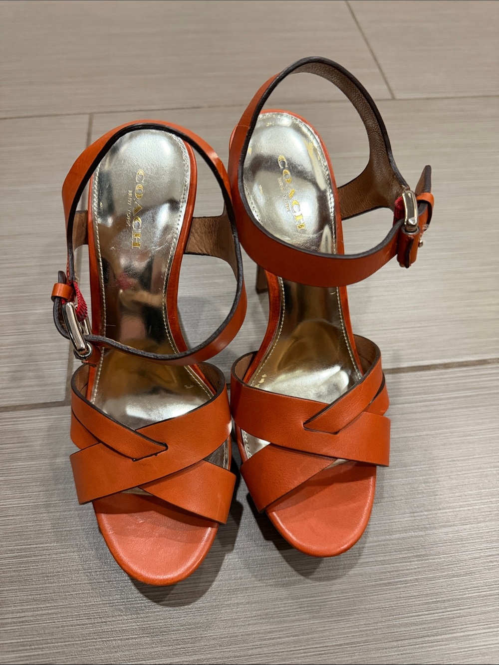 Coach Orange Leather Crisscross Ankle Strap platform Heels